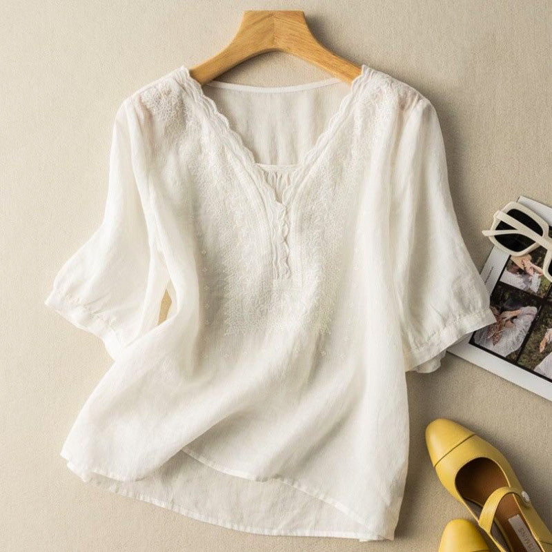 Women's Embroidered V-Neck Blouse with Relaxed Fit - photo 2