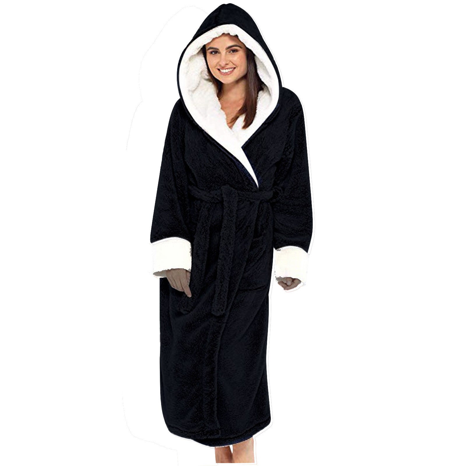 Women's Fleece Hooded Bathrobe with Tie Belt
