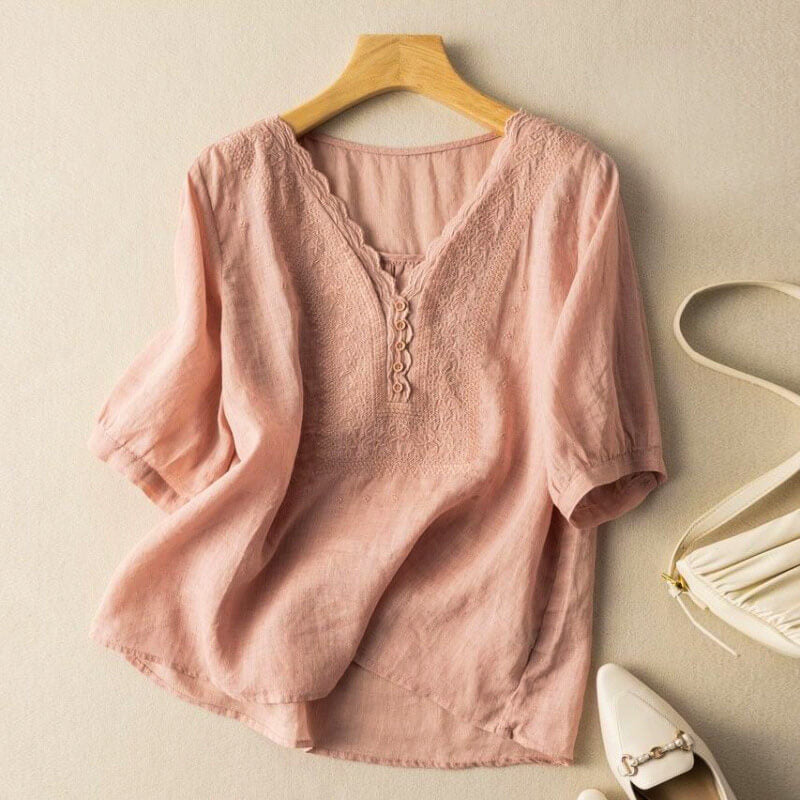 Women's Embroidered V-Neck Blouse with Relaxed Fit - photo 1
