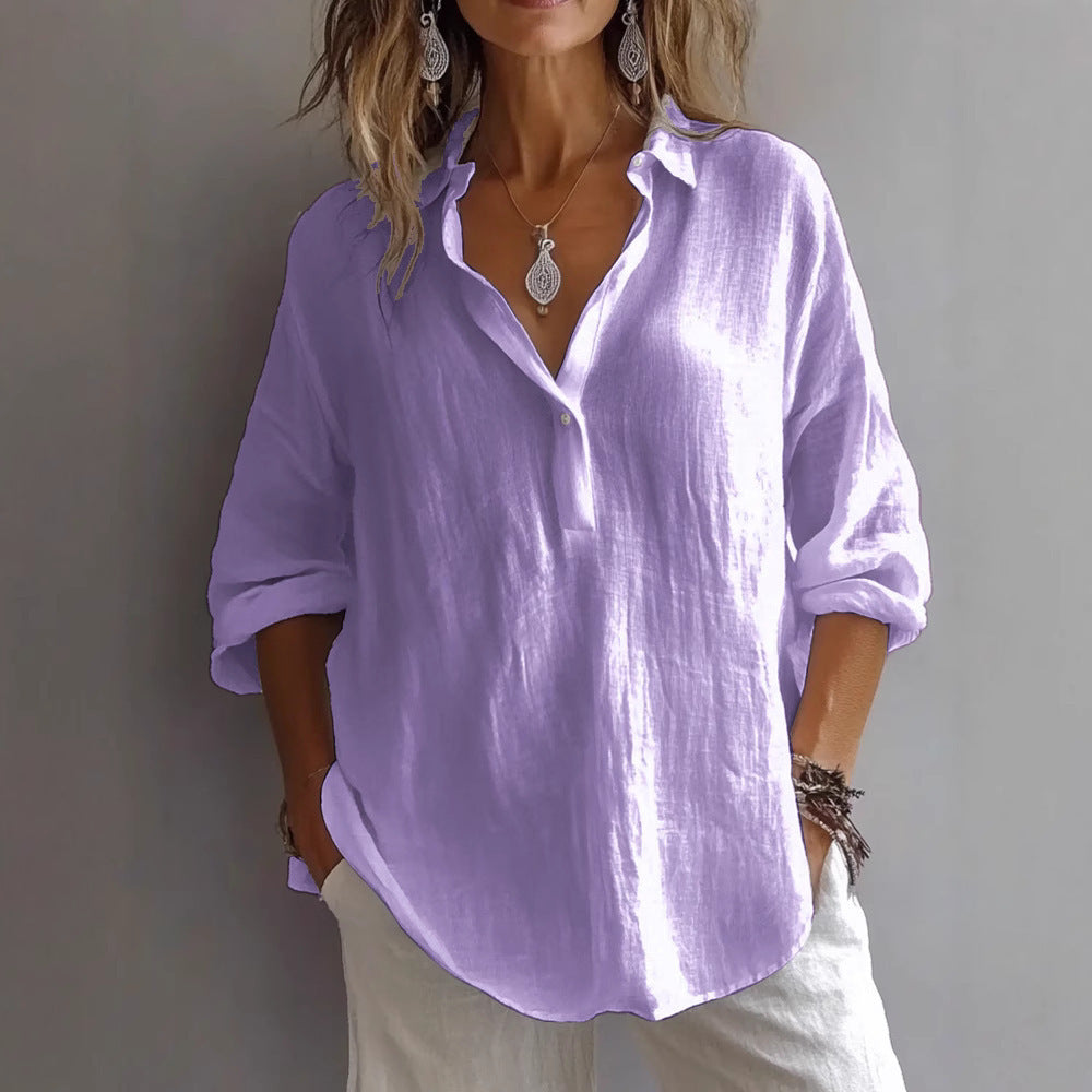 Women's Relaxed Collared Blouse with V-Neck