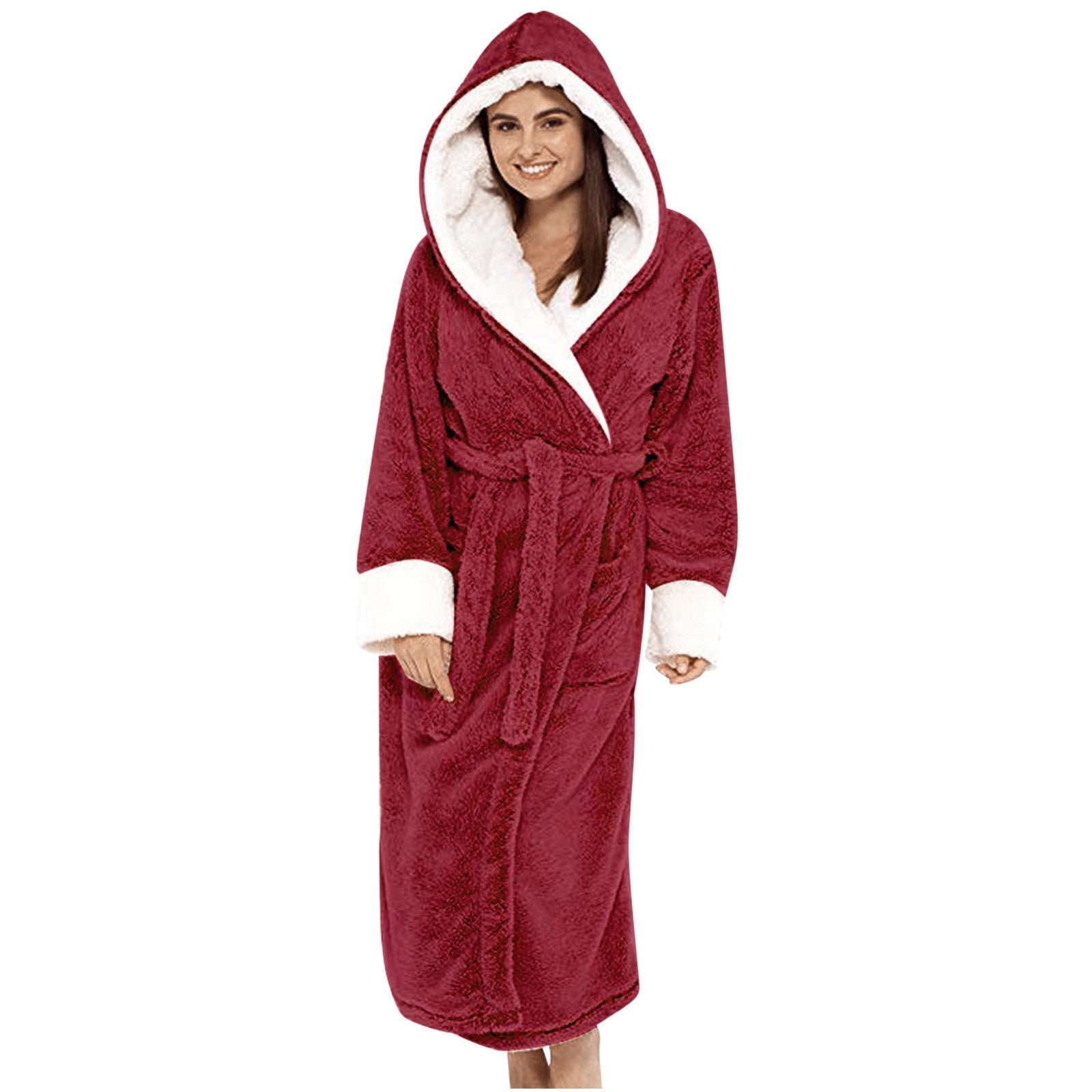 Women's Fleece Hooded Bathrobe with Tie Belt