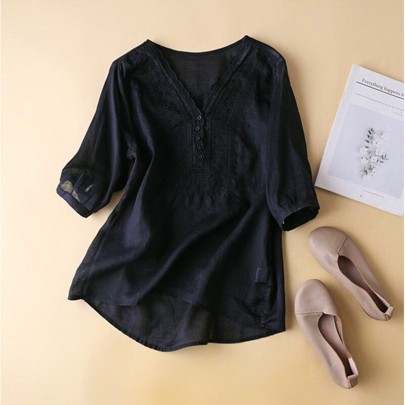 Women's Embroidered V-Neck Blouse with Relaxed Fit - photo 5
