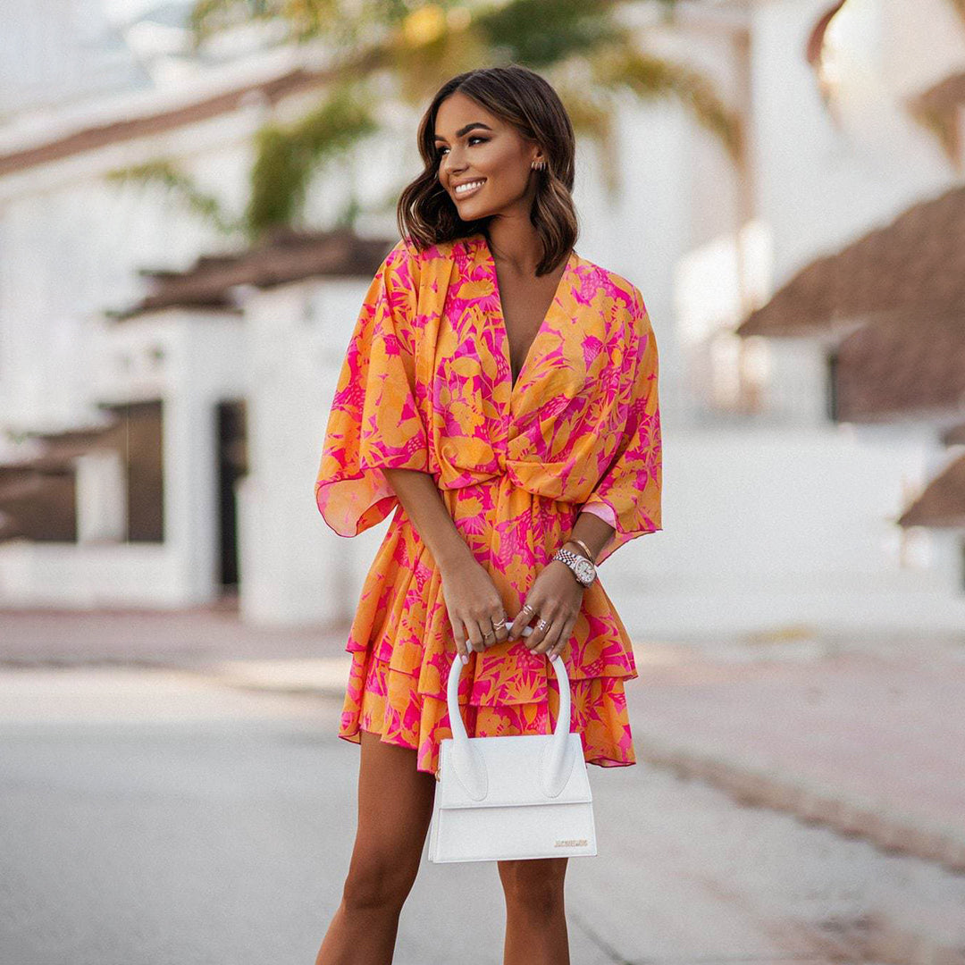 Women's V-Neck Mini Dress with Flared Skirt