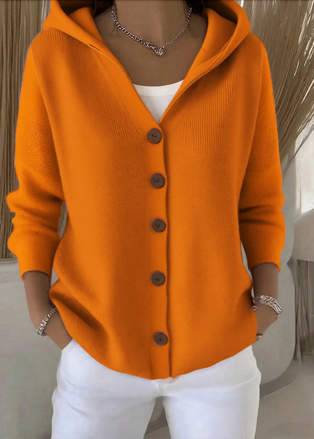 Women's Knit Cardigan with Hood and Button Front - photo 4