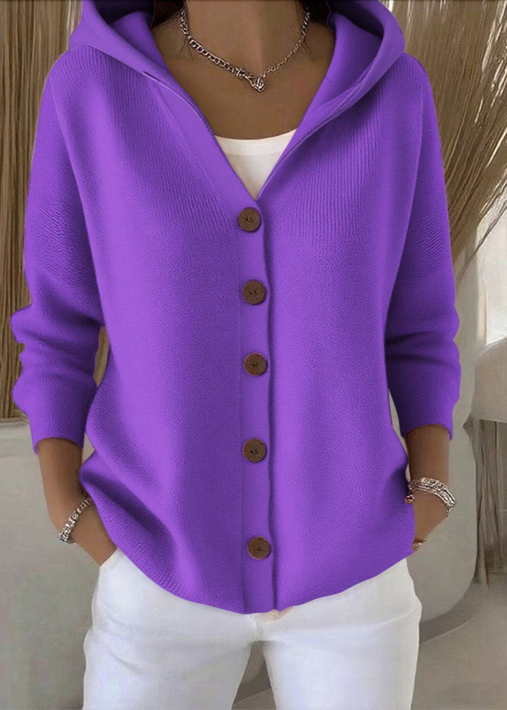 Women's Knit Cardigan with Hood and Button Front - photo 5