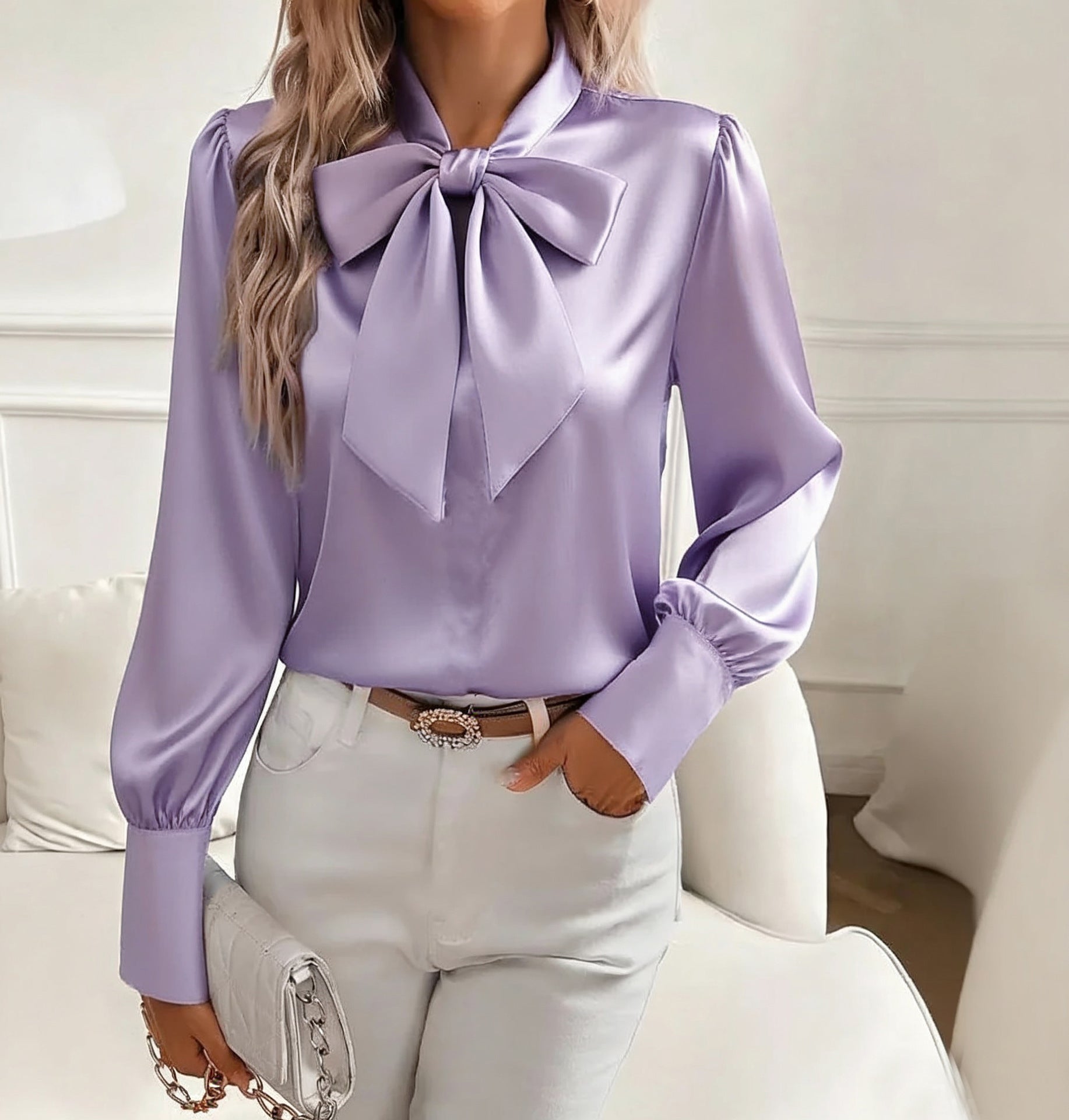 Women's Bow Tie Neck Blouse with Flowy Long Sleeves