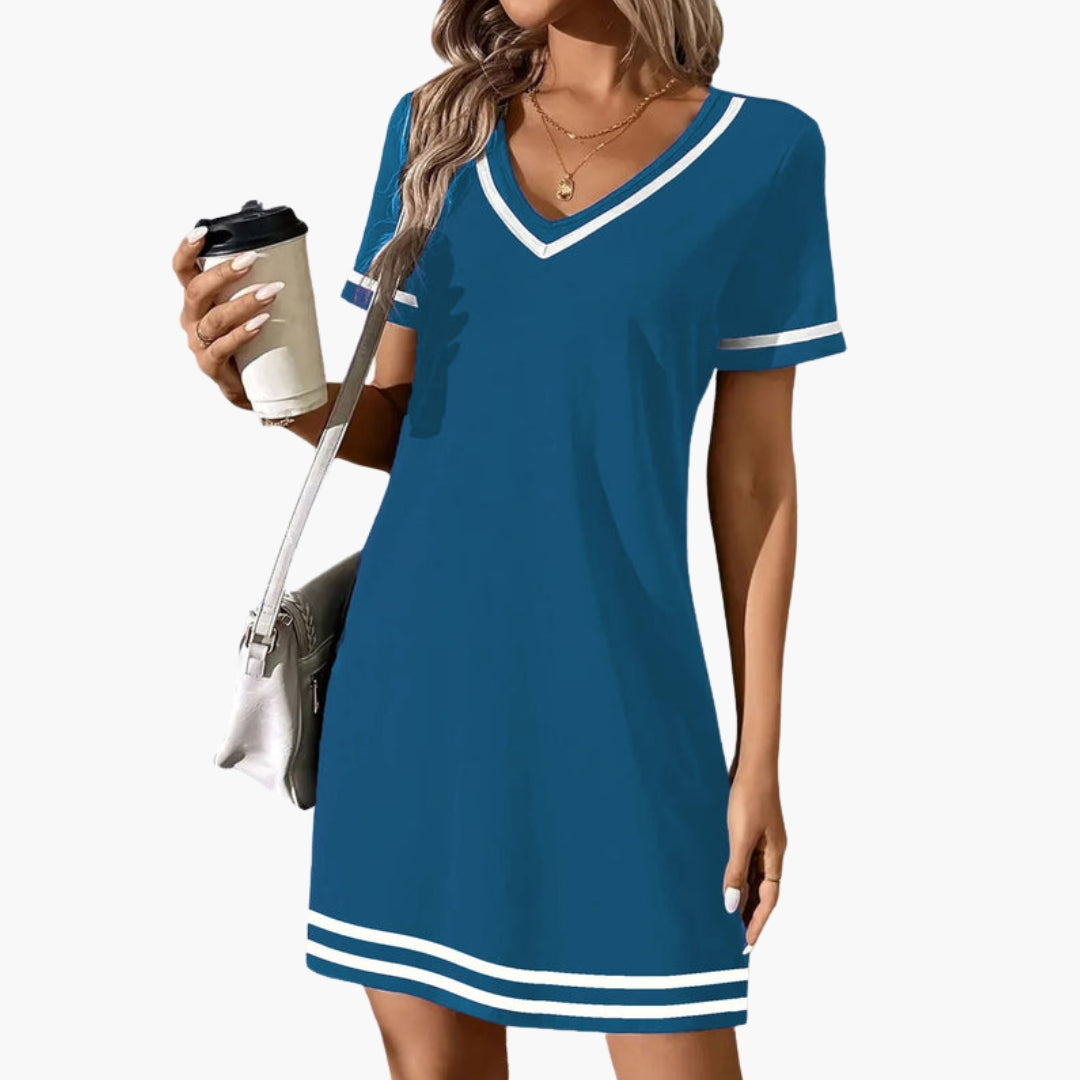 Pascaline - Women's Flowing Mini Dress with V-Neck - Peacock Blue