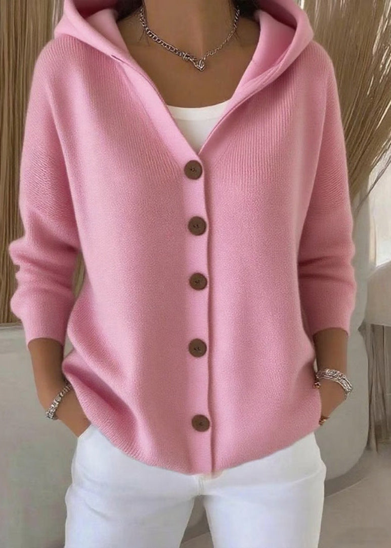 Women's Knit Cardigan with Hood and Button Front - photo 2