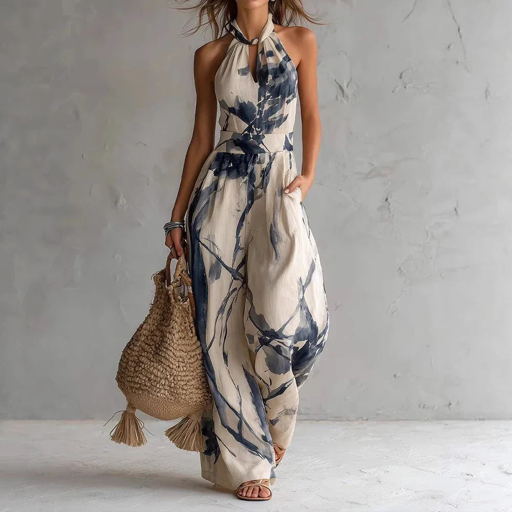 Women's Watercolor Print Halter Neck Summer Jumpsuit