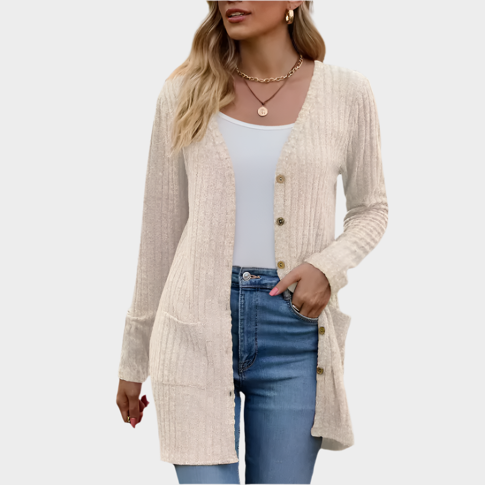 Micaela - Women's Ribbed Longline Cardigan with Button Front