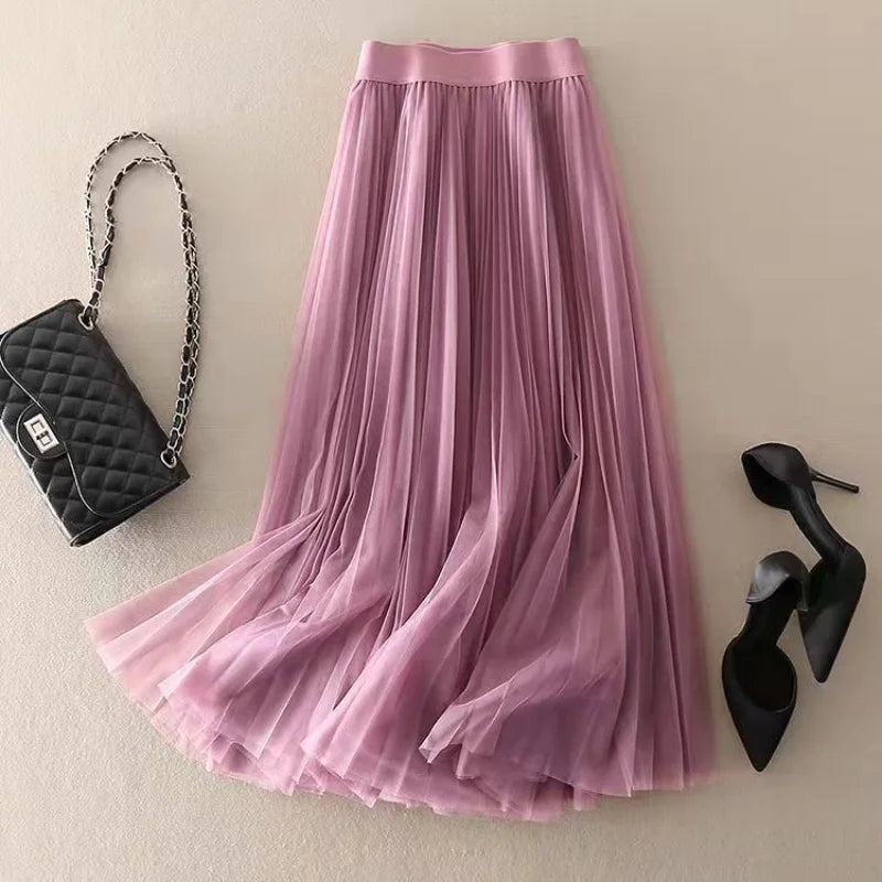 Jupe Midi Femme Plissée Taille Haute à Silhouette