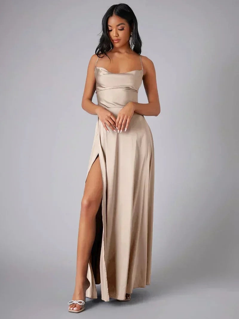 Women's Satin Maxi Evening Dress with High Slit - photo 1