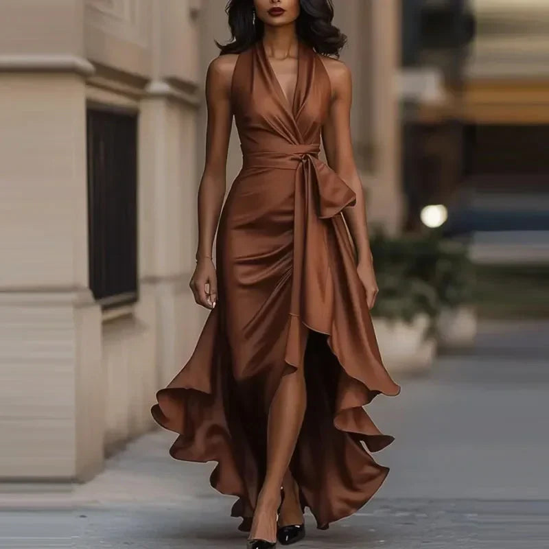 Robe de Soirée Femme Asymétrique à Épaules Dénudées et Détails Plissés