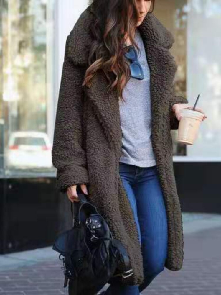 Palton teddy din fleece moale de damă în stil lung