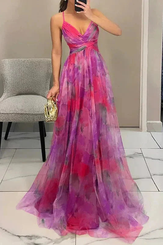 Rochie maxi florală pentru femei, potrivită pentru invitate la nuntă, cu fustă plisată