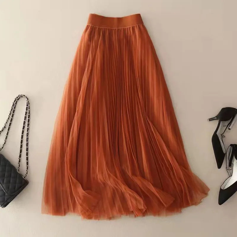 Jupe Midi Femme Plissée Taille Haute à Silhouette