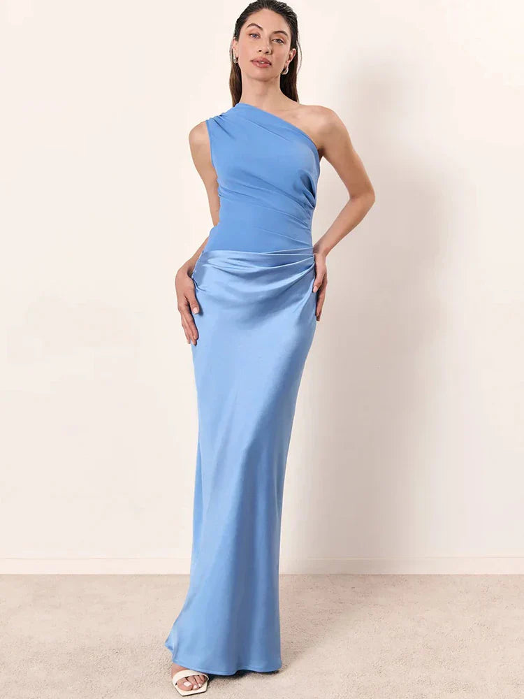 Eliza - Maxi abito da donna monospalla in patchwork