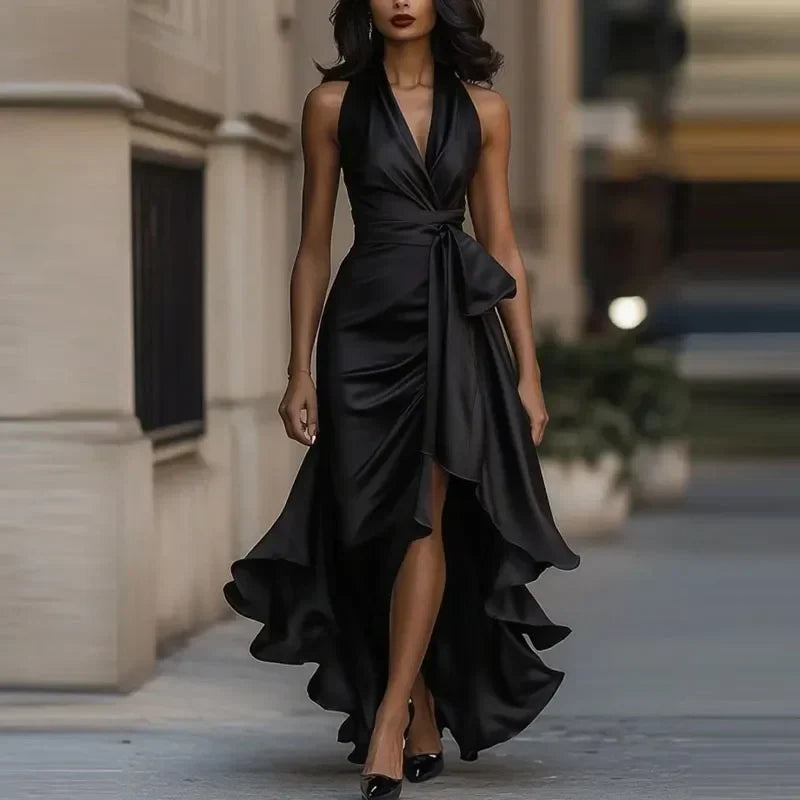 Robe de Soirée Femme Asymétrique à Épaules Dénudées et Détails Plissés