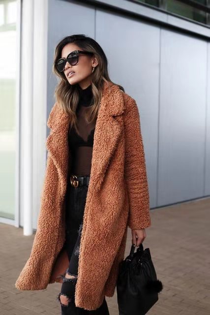Palton teddy din fleece moale de damă în stil lung