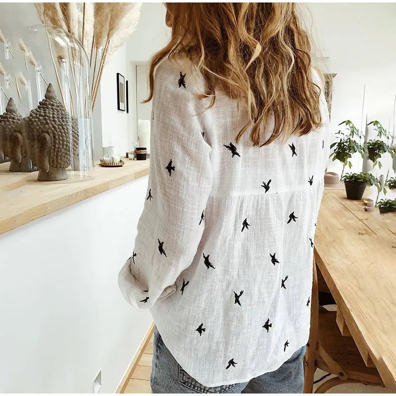 Scarlett - Women's Relaxed Bird-Print Button-Up Blouse - photo 7