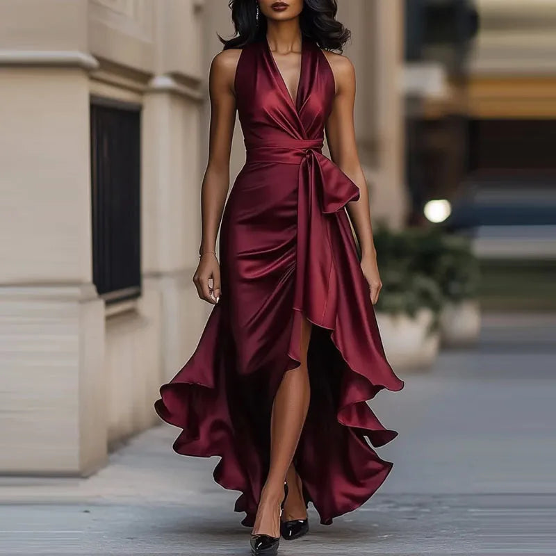 Robe de Soirée Femme Asymétrique à Épaules Dénudées et Détails Plissés