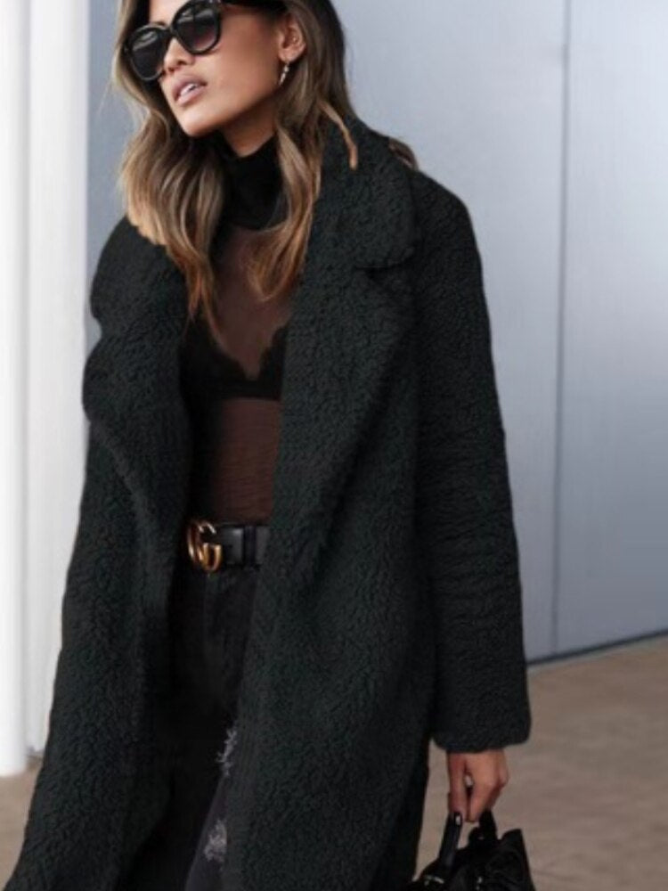Palton teddy din fleece moale de damă în stil lung