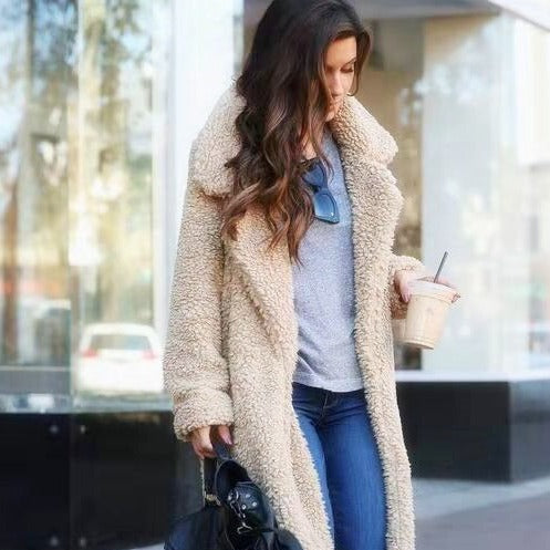Palton teddy din fleece moale de damă în stil lung