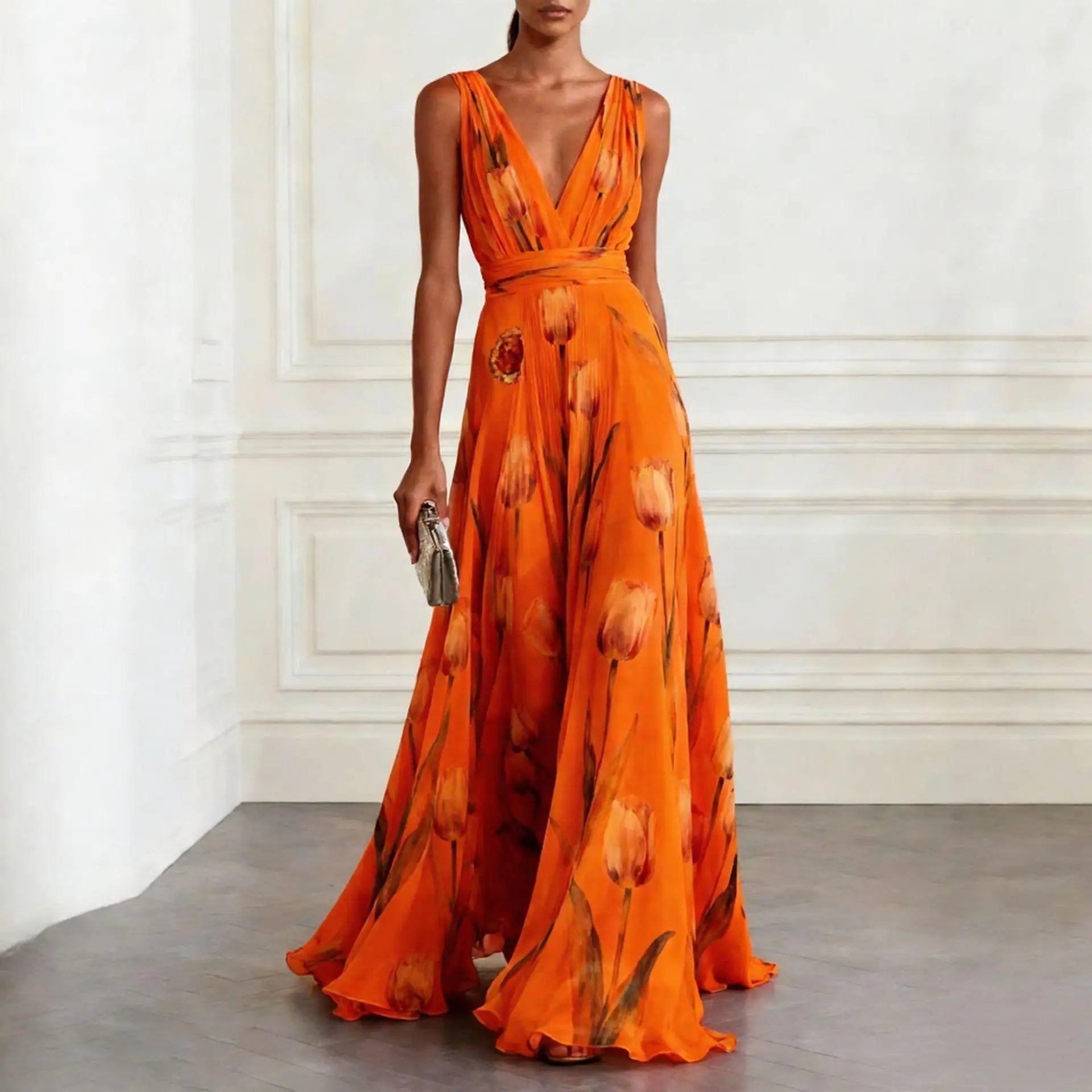 Victoria - Rochie maxi pentru oaspeți la nuntă din chiffon cu imprimeu lalea pentru femei