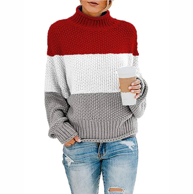 Women's Eleanor - Elegant Turtleneck Sweater - Red / White / Grey