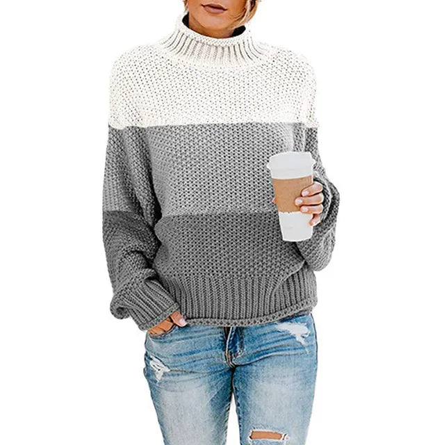 Women's Eleanor - Elegant Turtleneck Sweater - White / Grey