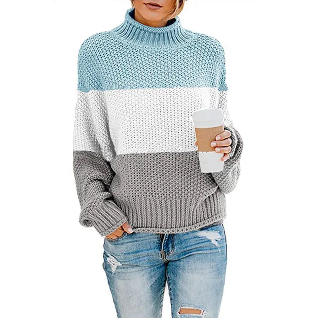 Women's Eleanor - Elegant Turtleneck Sweater - Light Blue / White / Grey