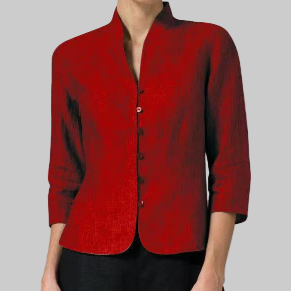 Women's Chambray Stand Collar Blouse with 3/4 Sleeves