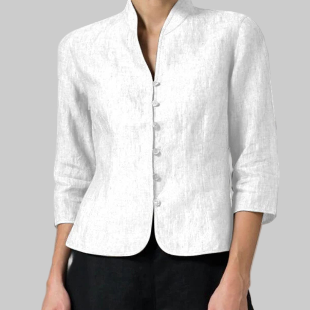 Women's Chambray Stand Collar Blouse with 3/4 Sleeves