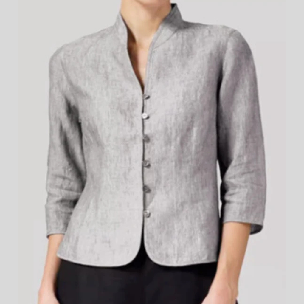 Women's Chambray Stand Collar Blouse with 3/4 Sleeves