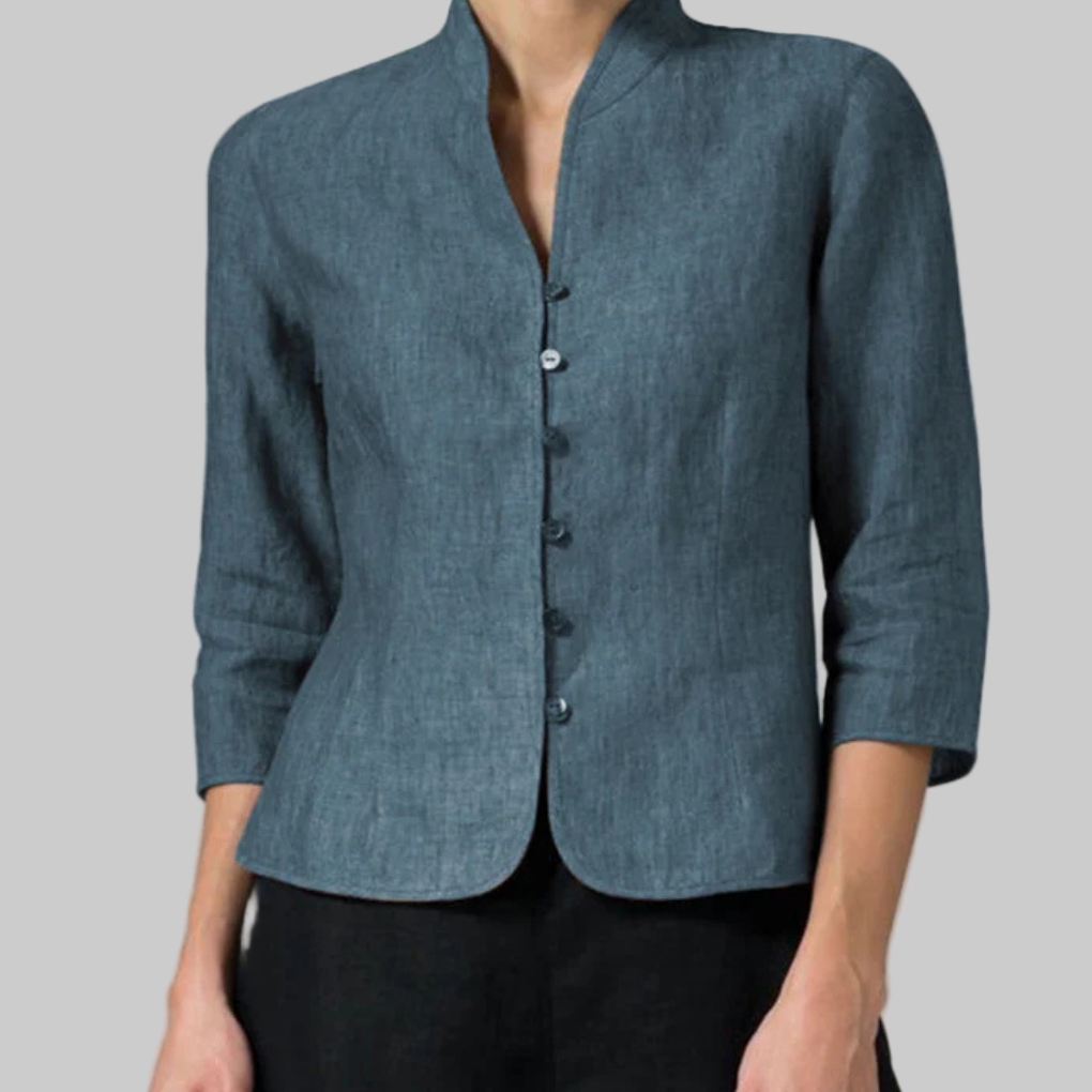 Women's Chambray Stand Collar Blouse with 3/4 Sleeves