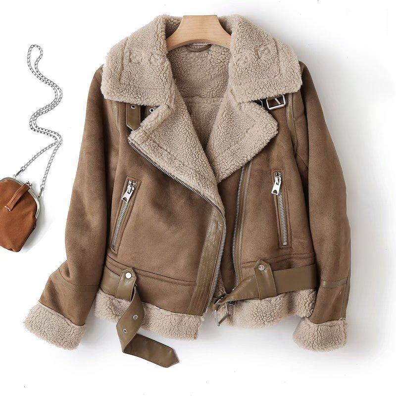 Women's Teddy Lined Aviator Jacket with Lapel Collar