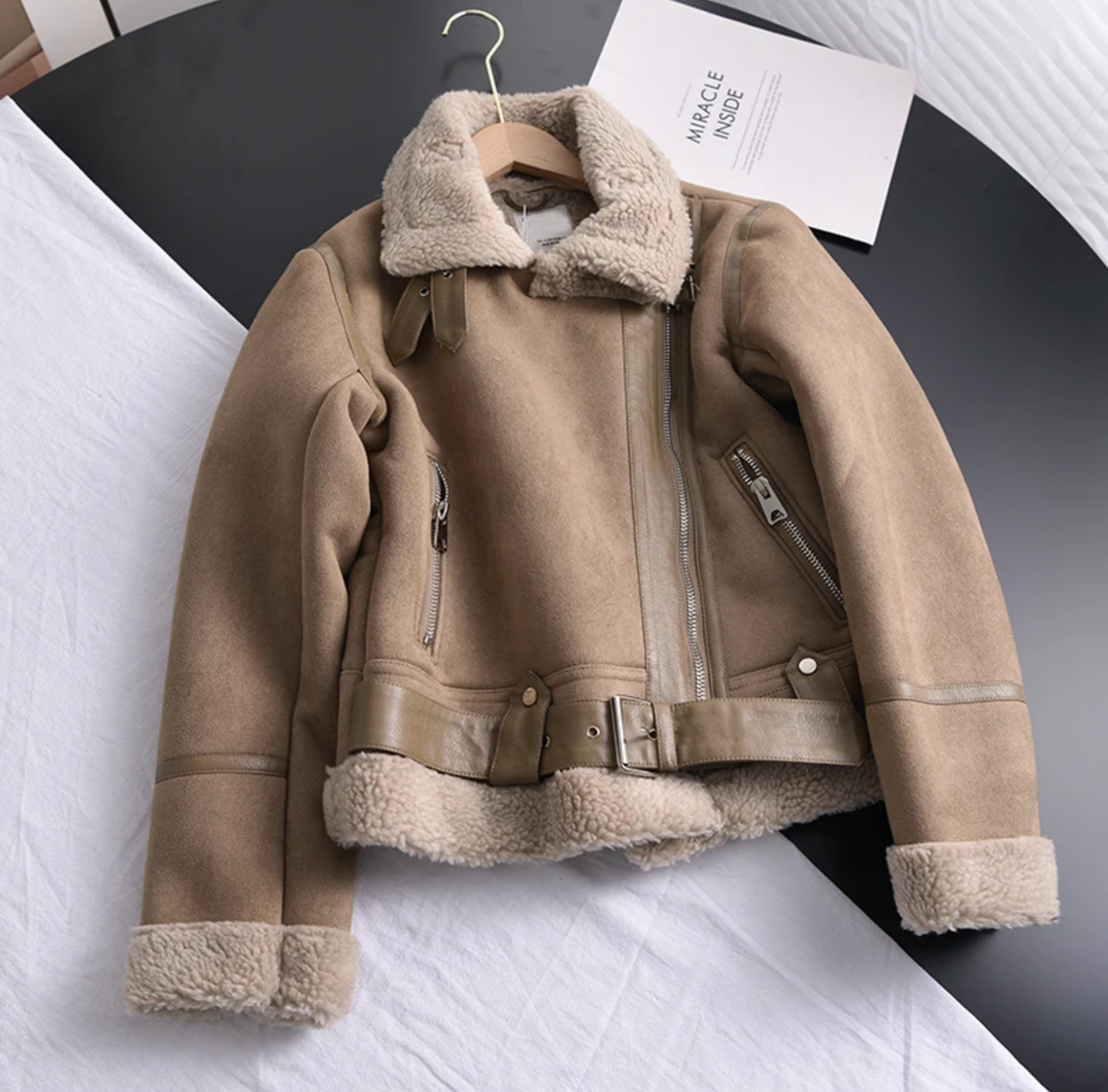 Women's Teddy Lined Aviator Jacket with Lapel Collar