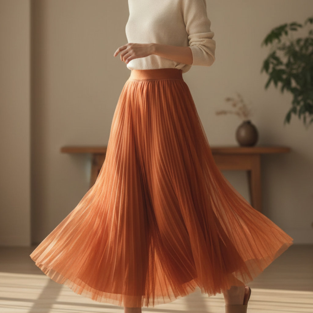 Jupe Midi Femme Plissée Taille Haute à Silhouette