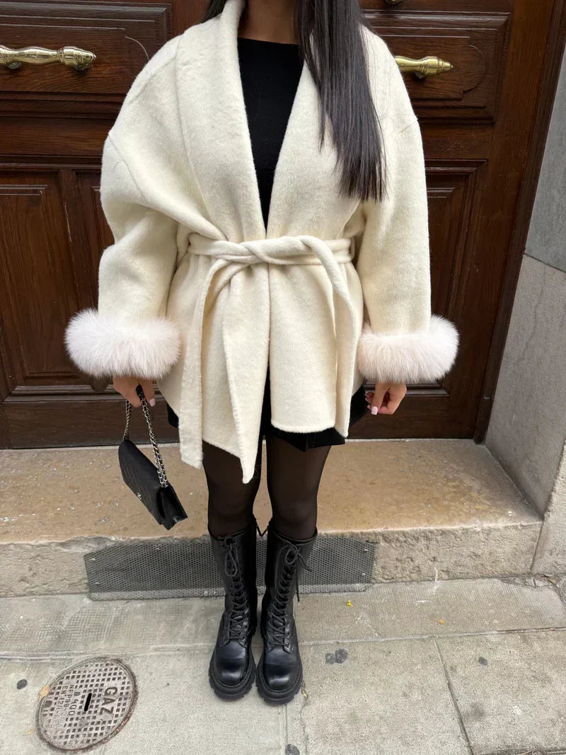 Women's Faux Fur Trim Belted Wrap Coat - photo 13