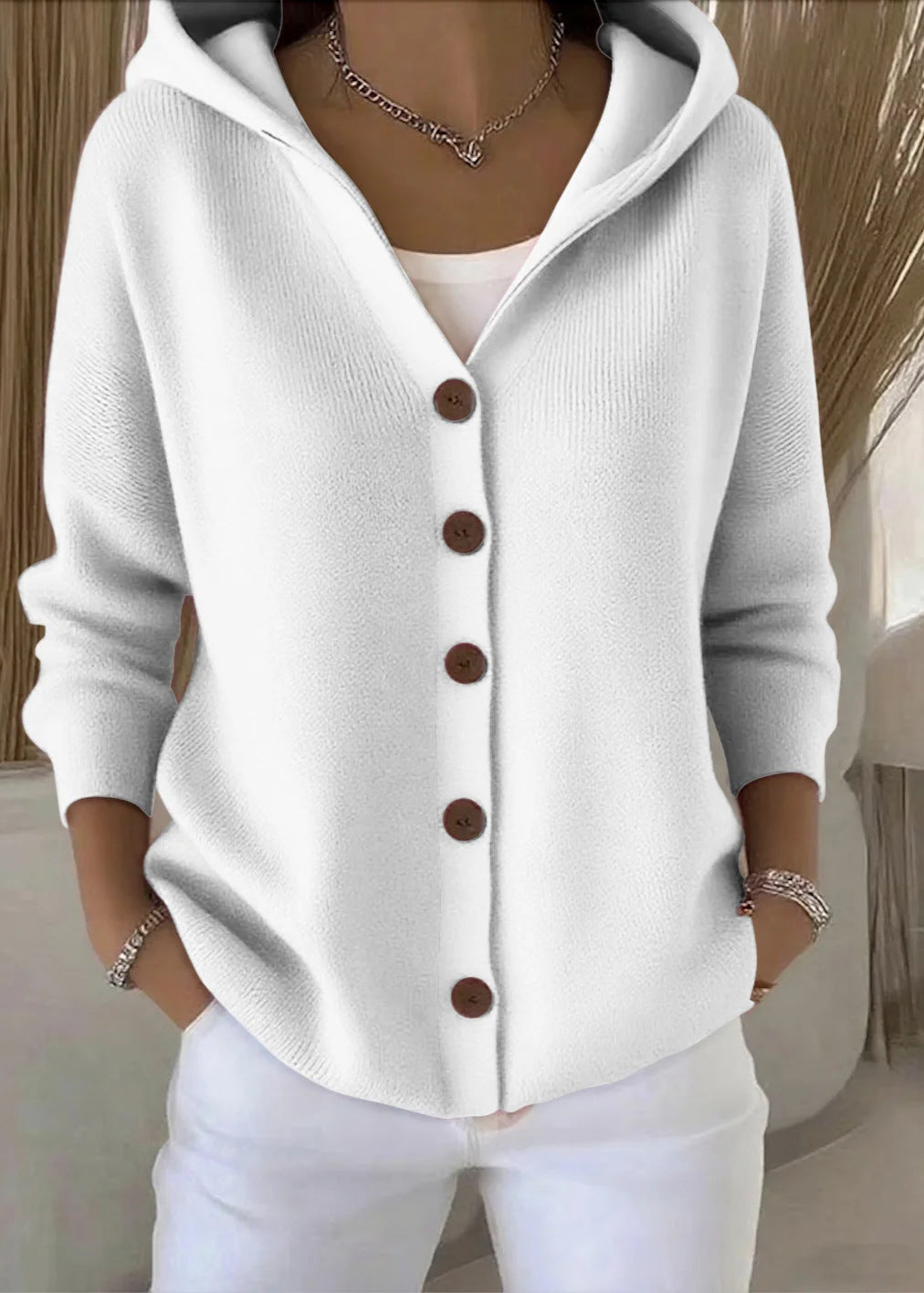 Women's Knit Cardigan with Hood and Button Front - photo 3