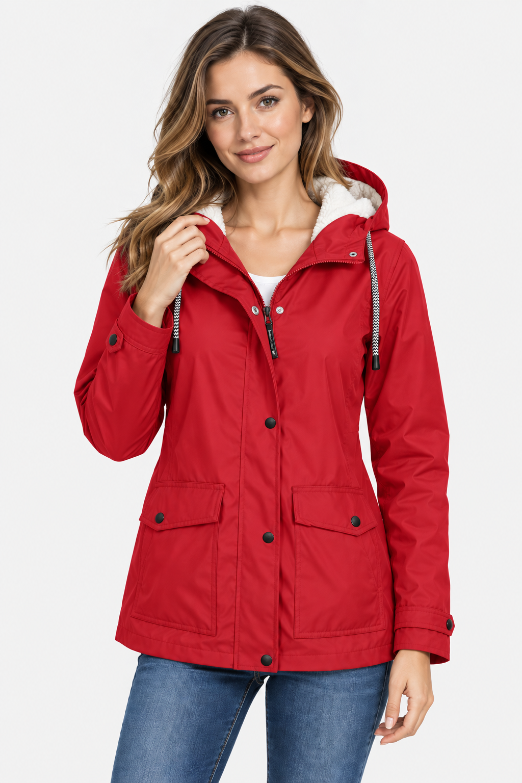 Women's Fleece Lined Hooded Raincoat - Red