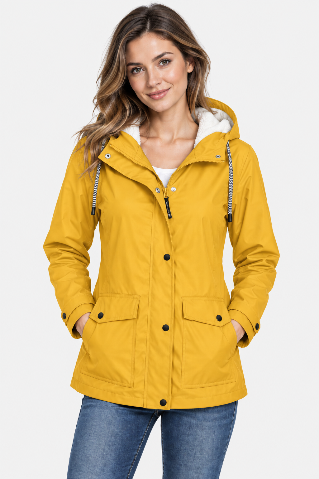 Women's Fleece Lined Hooded Raincoat - Yellow
