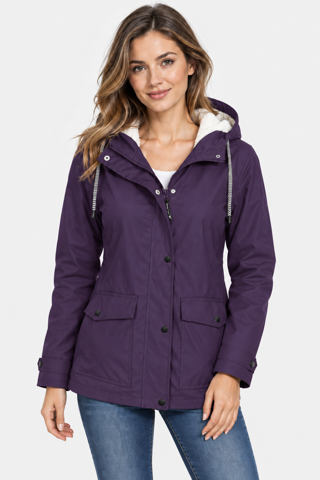 Women's Fleece Lined Hooded Raincoat - Navy