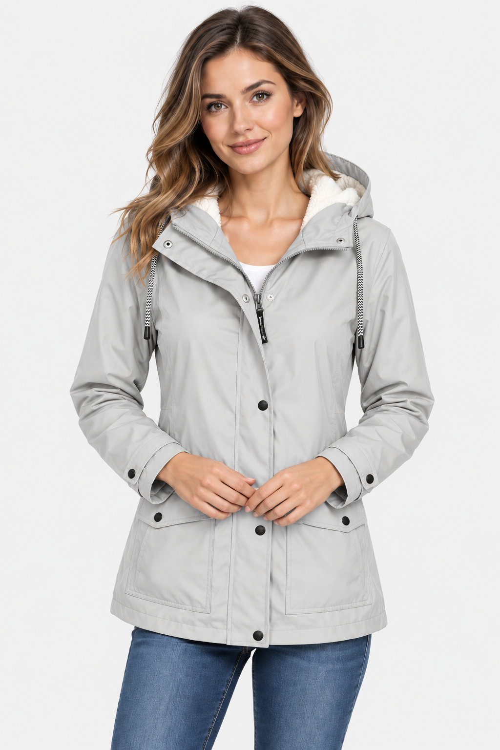 Women's Fleece Lined Hooded Raincoat - Light Grey