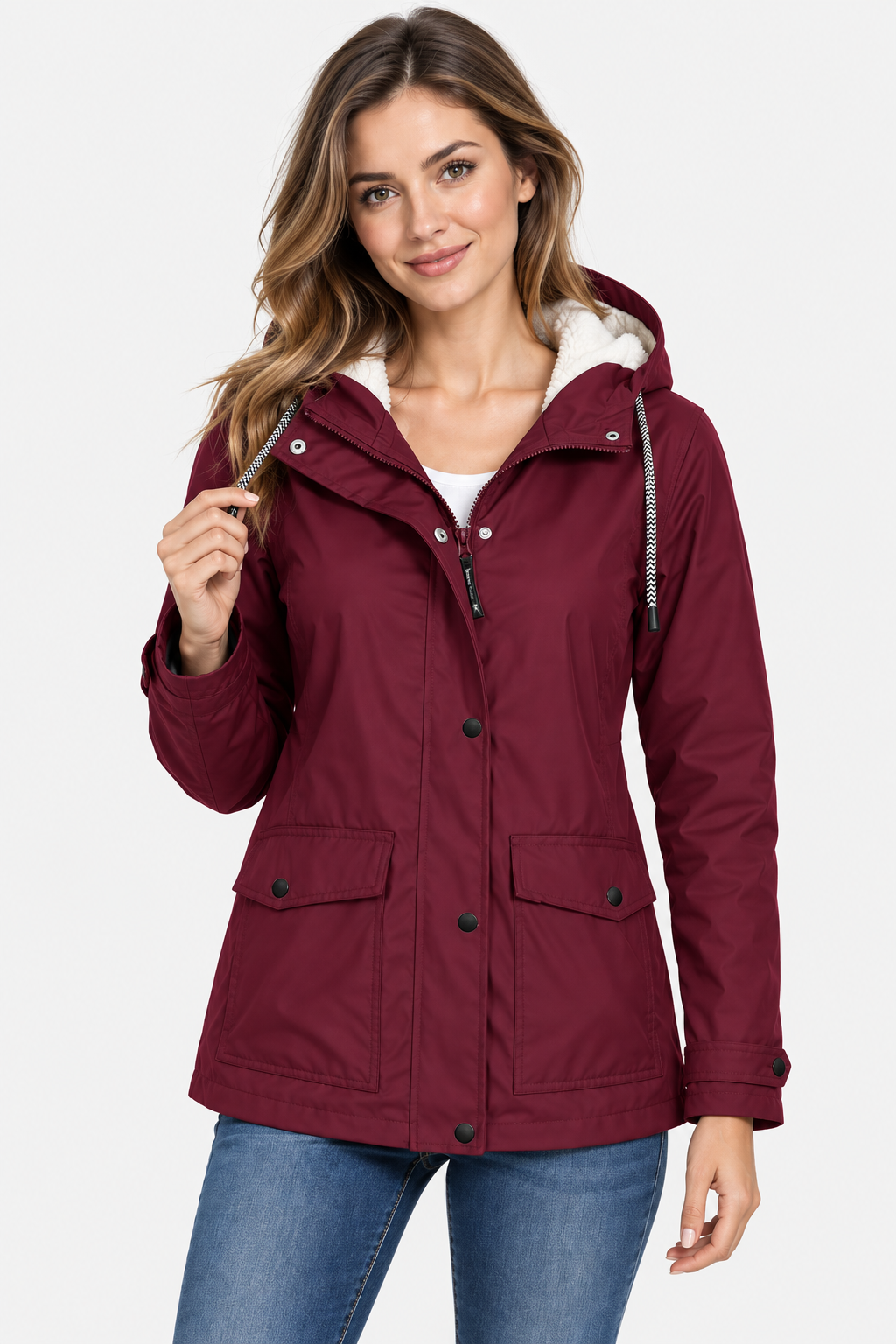 Women's Fleece Lined Hooded Raincoat - Burgundy