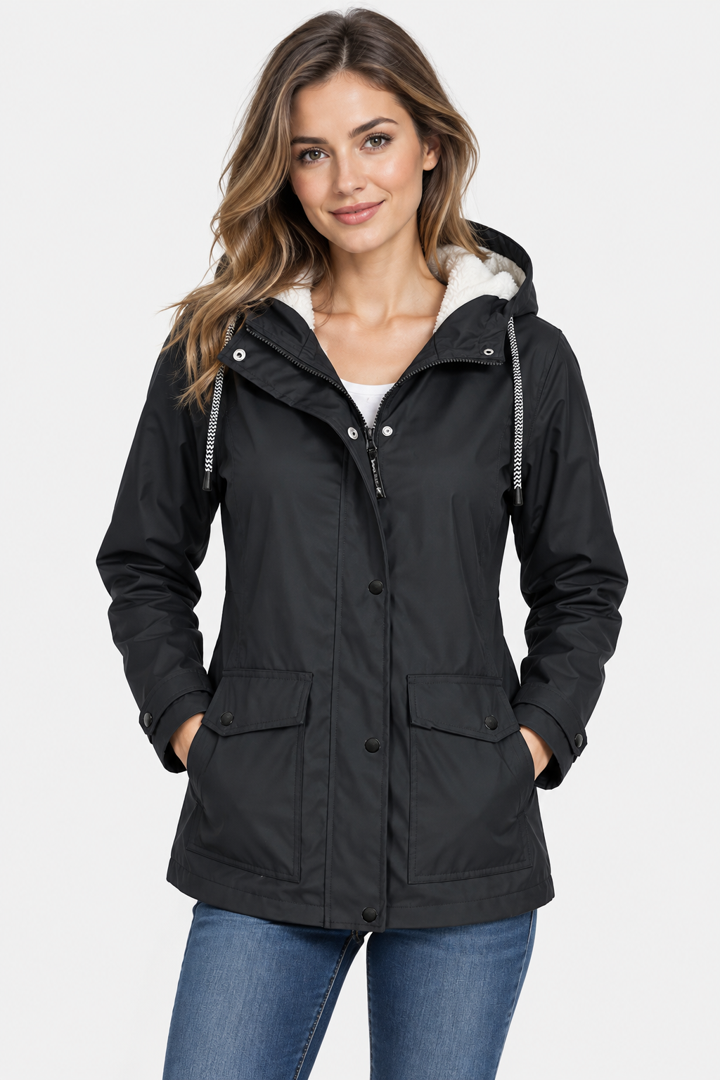 Women's Fleece Lined Hooded Raincoat - Black