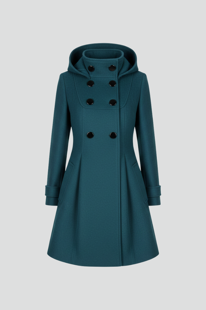 Cappotto da donna con cappuccio e doppia bottonatura davanti