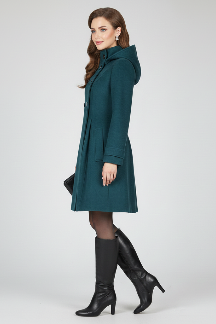 Cappotto da donna con cappuccio e doppia bottonatura davanti