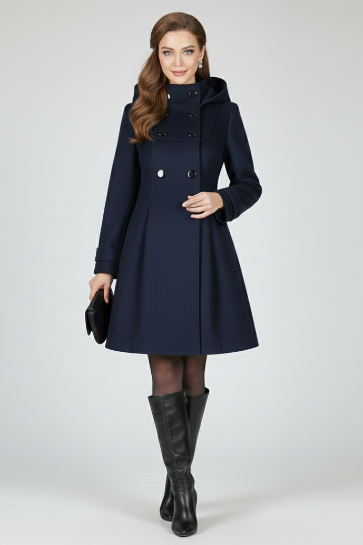 Cappotto da donna con cappuccio e doppia bottonatura davanti