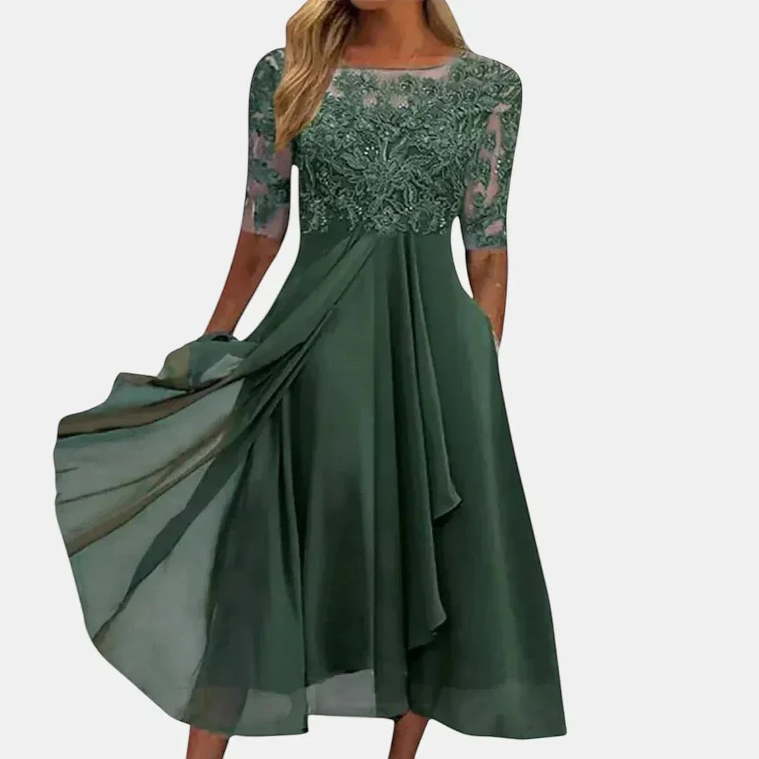 Women's Lace Wedding Guest Midi Dress with Long Sleeves - photo 4